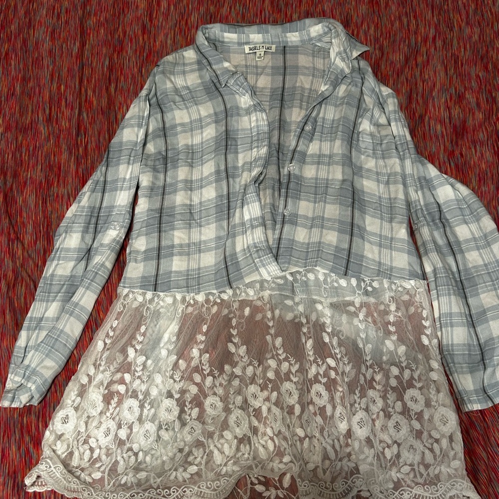Plaid and Lace Button-Up Long Sleeve Dress